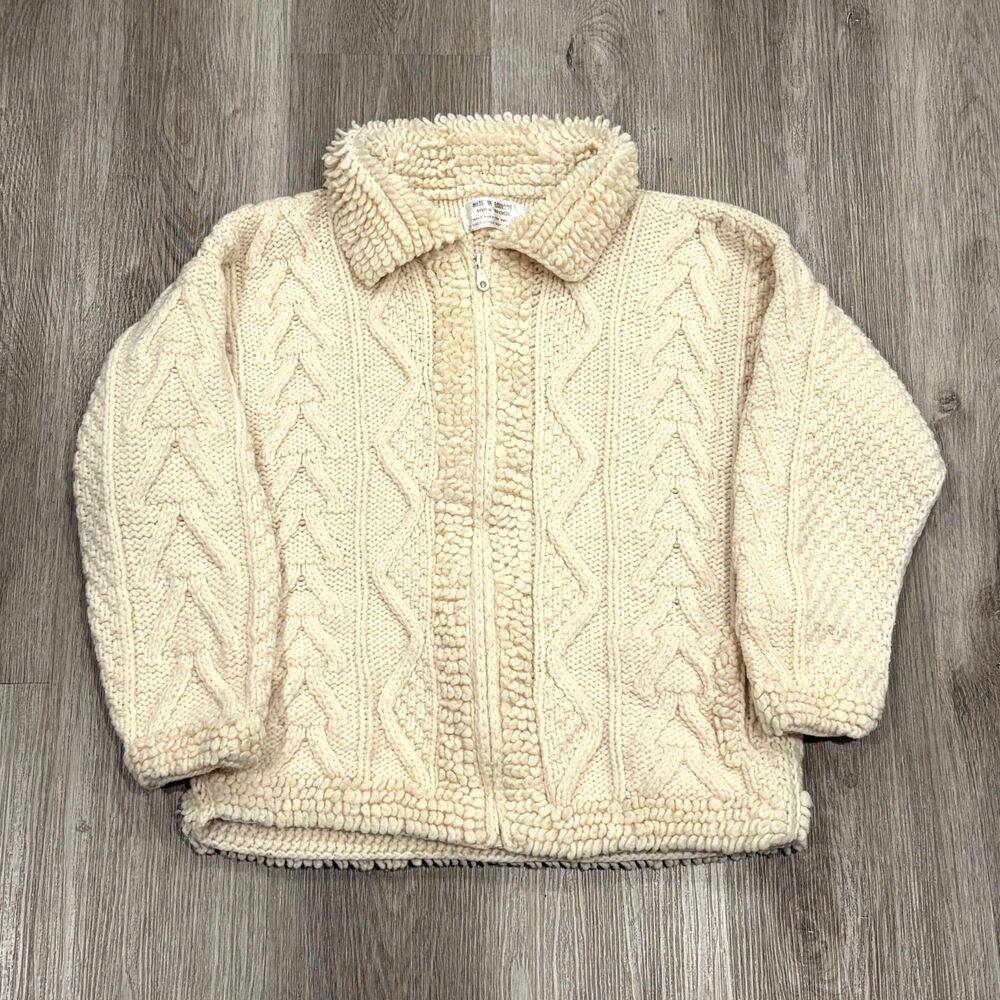 Vintage Ecuador Wool Full Zip Sweater Women's Medium Cream Cable Knit Fisherman